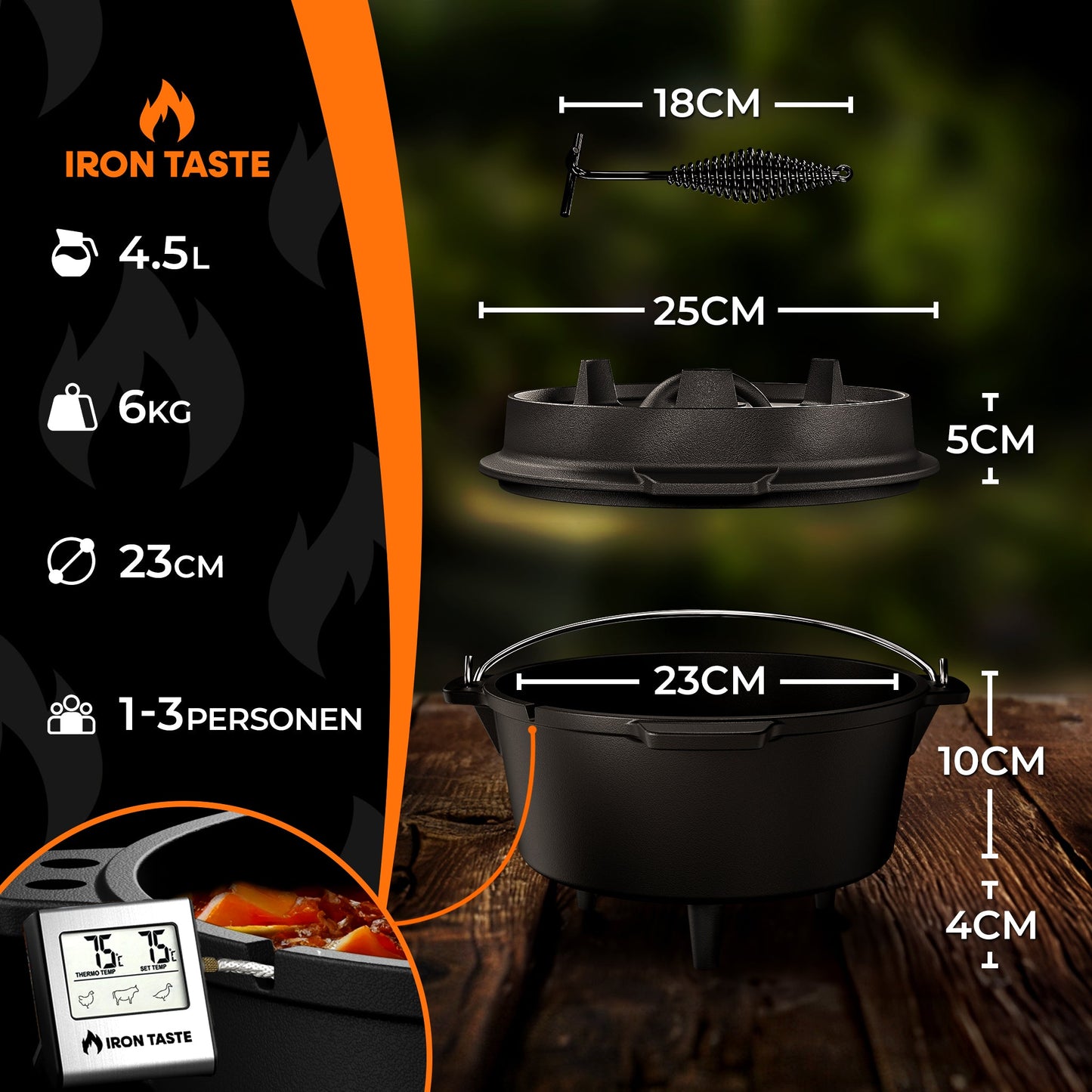 IRON TASTE Dutch Oven Set - Eingebrannter Dutch Oven - Feuertopf Gusseiserner Topf mit praktischem Deckelheber & Edelstahl Untersetzer