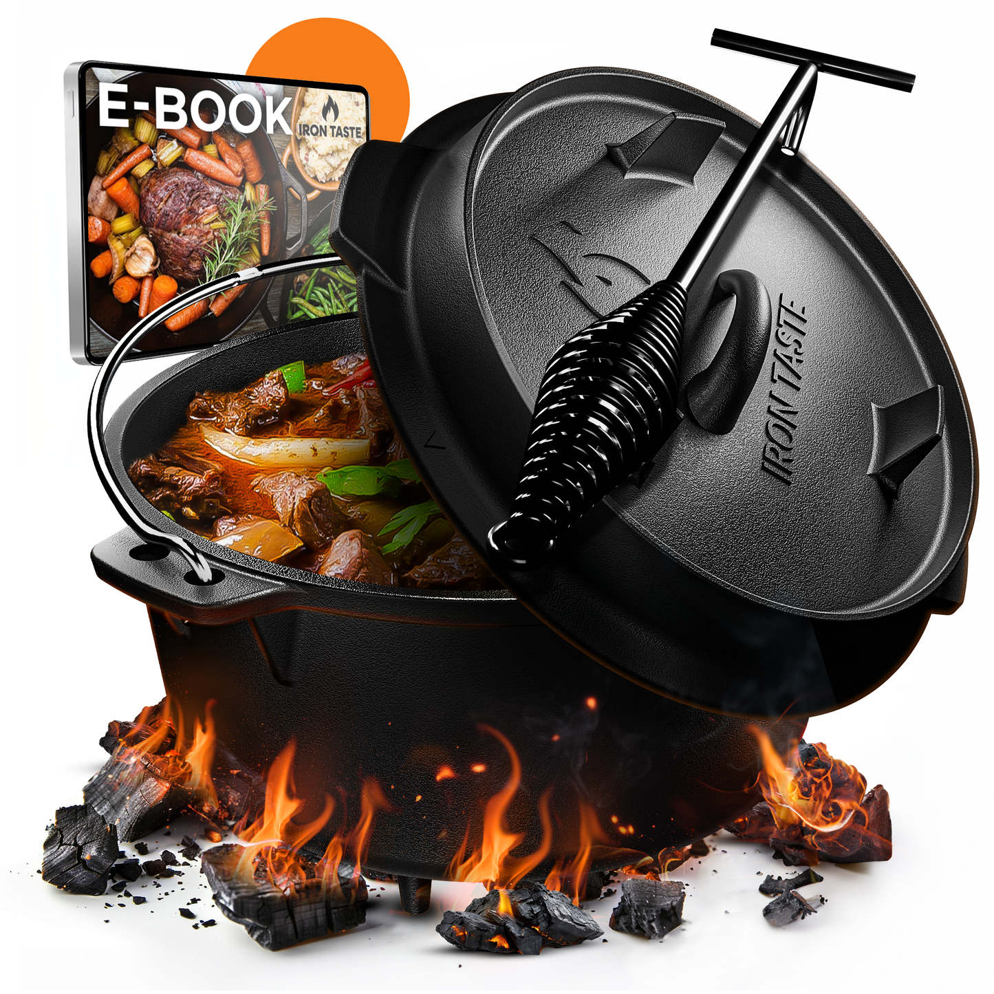 IRON TASTE Dutch Oven Set - Eingebrannter Dutch Oven - Feuertopf Gusseiserner Topf mit praktischem Deckelheber & Edelstahl Untersetzer