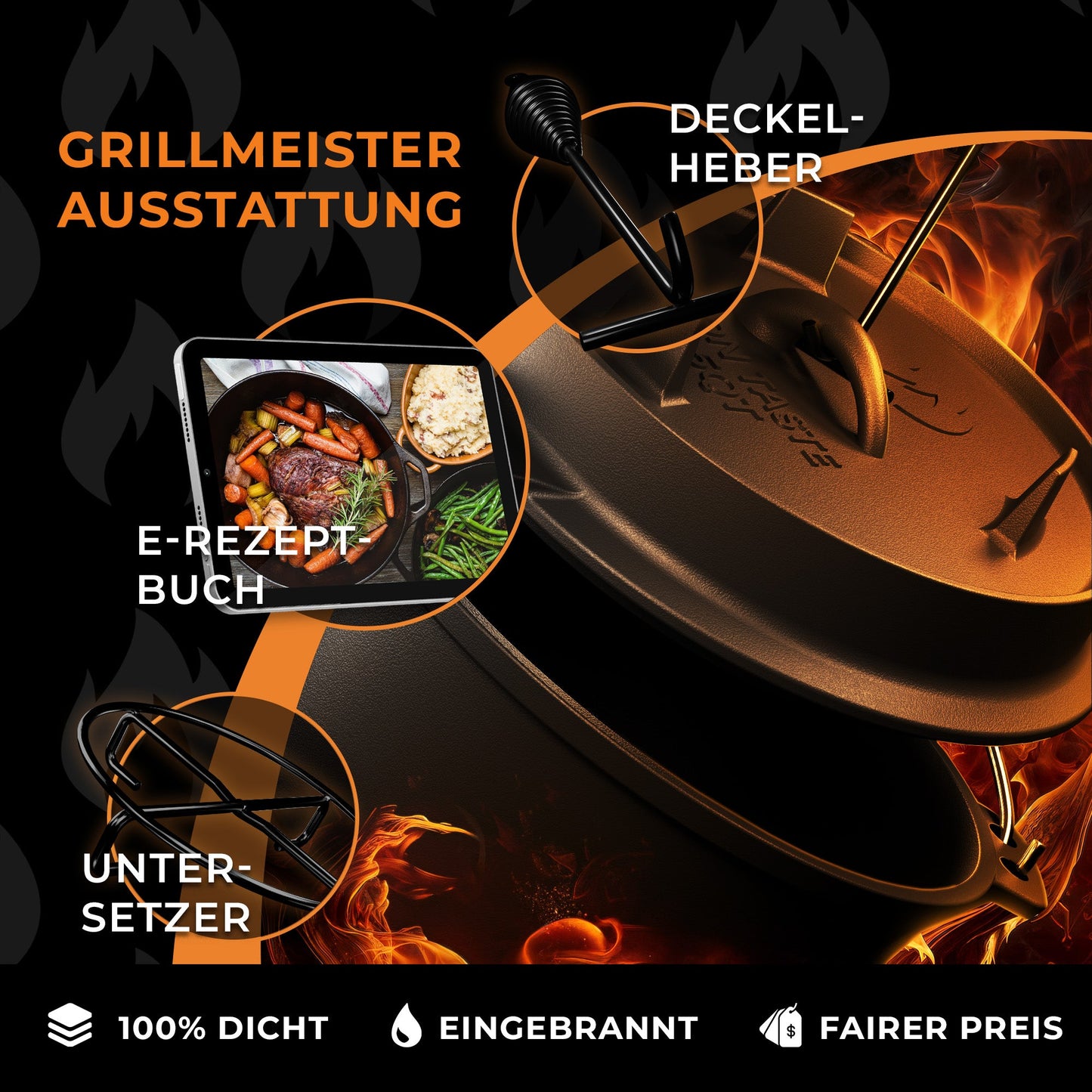 IRON TASTE Dutch Oven Set - Eingebrannter Dutch Oven - Feuertopf Gusseiserner Topf mit praktischem Deckelheber & Edelstahl Untersetzer