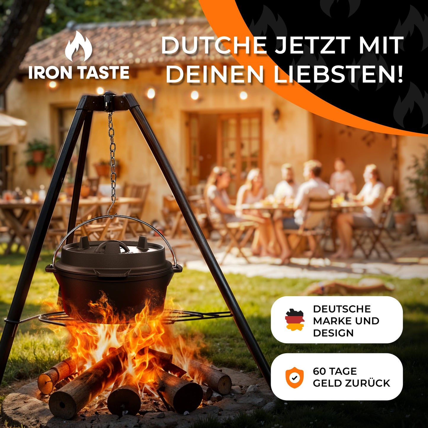 IRON TASTE Dutch Oven Set - Eingebrannter Dutch Oven - Feuertopf Gusseiserner Topf mit praktischem Deckelheber & Edelstahl Untersetzer