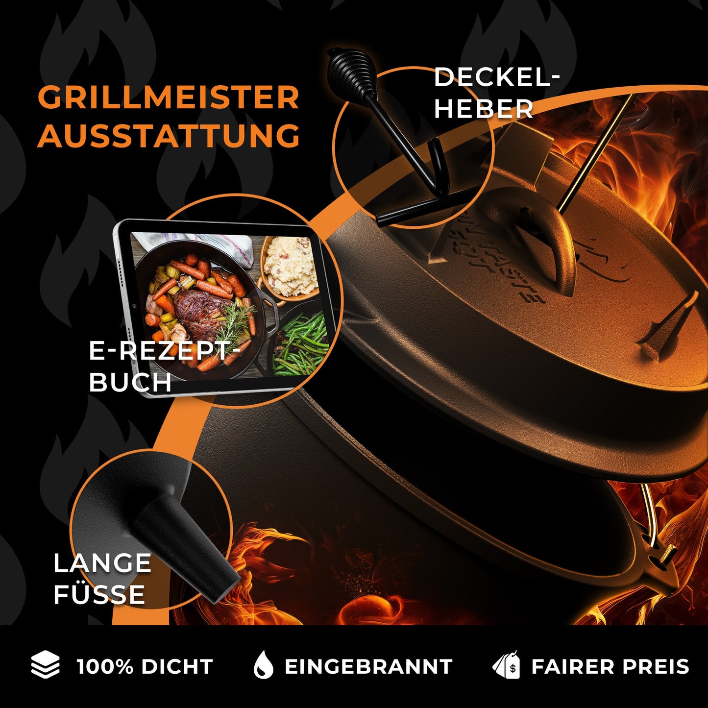 IRON TASTE Dutch Oven Set - Eingebrannter Dutch Oven - Feuertopf Gusseiserner Topf mit praktischem Deckelheber & Edelstahl Untersetzer