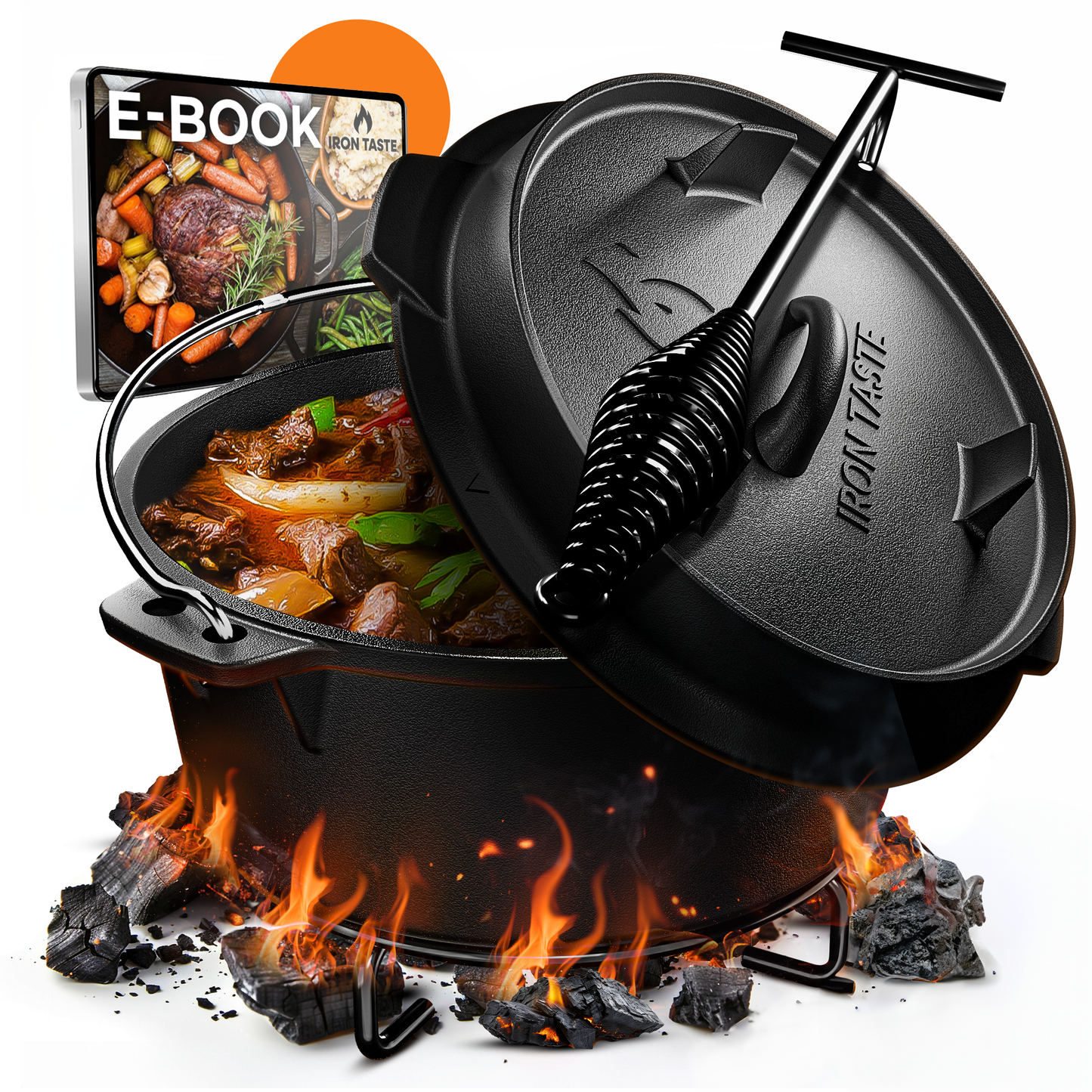 IRON TASTE Dutch Oven Set  - Eingebrannter Dutch Oven - Feuertopf Gusseiserner Topf mit praktischem Deckelheber & Edelstahl Untersetzer