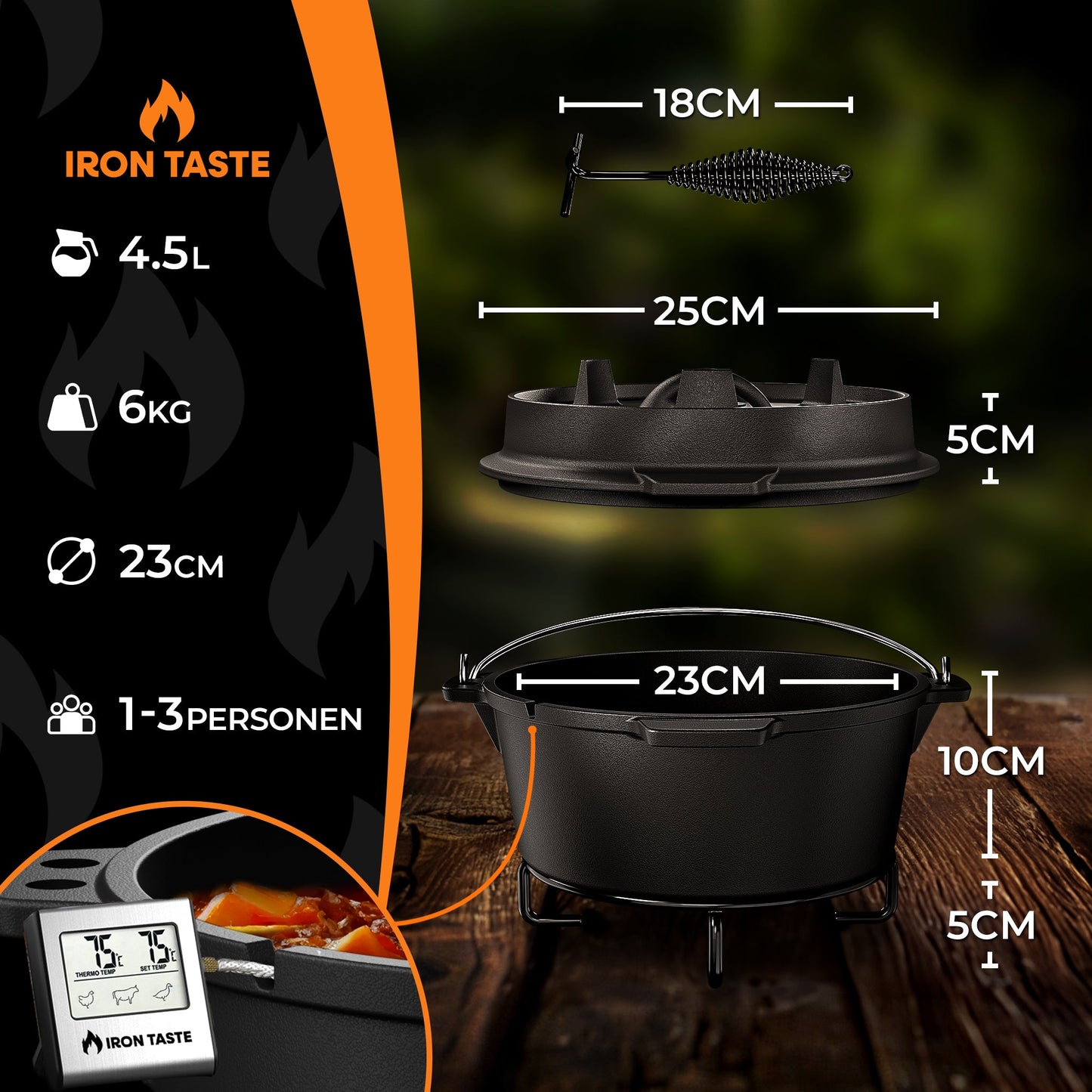 IRON TASTE Dutch Oven Set  - Eingebrannter Dutch Oven - Feuertopf Gusseiserner Topf mit praktischem Deckelheber & Edelstahl Untersetzer