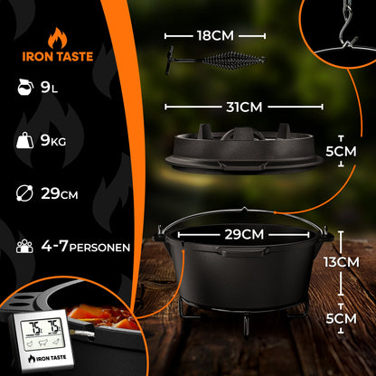 IRON TASTE Dutch Oven Set  - Eingebrannter Dutch Oven - Feuertopf Gusseiserner Topf mit praktischem Deckelheber & Edelstahl Untersetzer