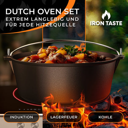 IRON TASTE Dutch Oven Set  - Eingebrannter Dutch Oven - Feuertopf Gusseiserner Topf mit praktischem Deckelheber & Edelstahl Untersetzer