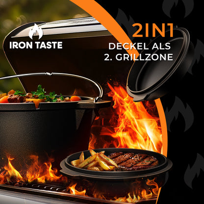IRON TASTE Dutch Oven Set  - Eingebrannter Dutch Oven - Feuertopf Gusseiserner Topf mit praktischem Deckelheber & Edelstahl Untersetzer