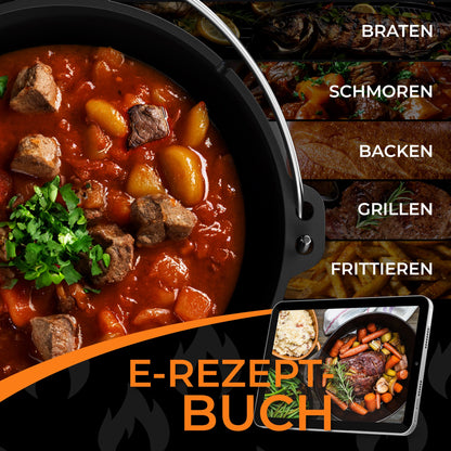 IRON TASTE Dutch Oven Set  - Eingebrannter Dutch Oven - Feuertopf Gusseiserner Topf mit praktischem Deckelheber & Edelstahl Untersetzer