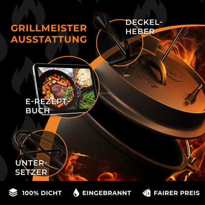 IRON TASTE Dutch Oven Set  - Eingebrannter Dutch Oven - Feuertopf Gusseiserner Topf mit praktischem Deckelheber & Edelstahl Untersetzer