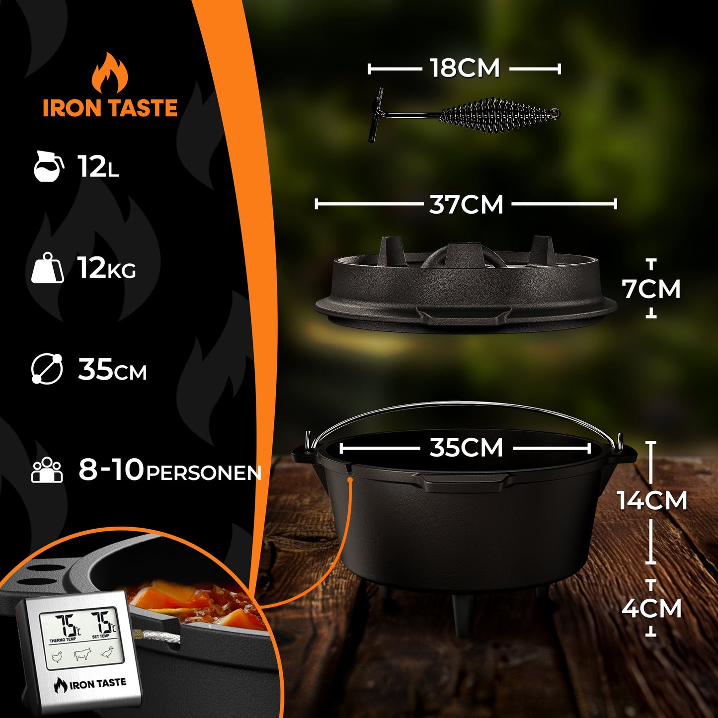 IRON TASTE Dutch Oven Set  - Eingebrannter Dutch Oven - Feuertopf Gusseiserner Topf mit praktischem Deckelheber & Edelstahl Untersetzer