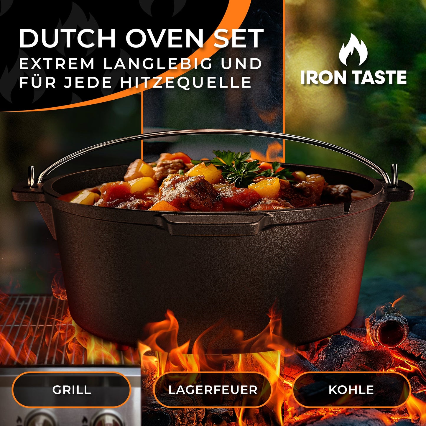 IRON TASTE Dutch Oven Set  - Eingebrannter Dutch Oven - Feuertopf Gusseiserner Topf mit praktischem Deckelheber & Edelstahl Untersetzer
