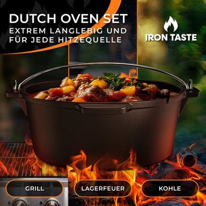 IRON TASTE Dutch Oven Set  - Eingebrannter Dutch Oven - Feuertopf Gusseiserner Topf mit praktischem Deckelheber & Edelstahl Untersetzer