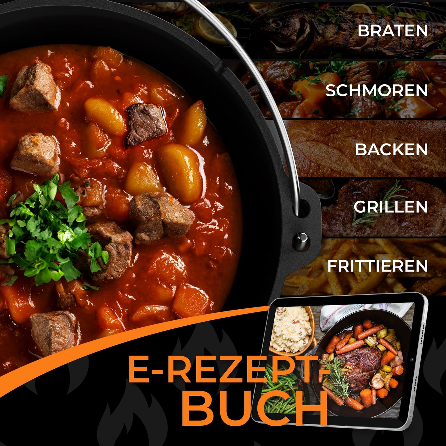 IRON TASTE Dutch Oven Set  - Eingebrannter Dutch Oven - Feuertopf Gusseiserner Topf mit praktischem Deckelheber & Edelstahl Untersetzer