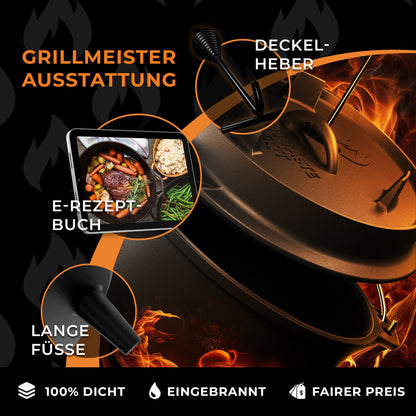 IRON TASTE Dutch Oven Set  - Eingebrannter Dutch Oven - Feuertopf Gusseiserner Topf mit praktischem Deckelheber & Edelstahl Untersetzer