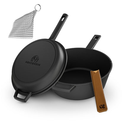 2in1 Dutch Oven: 4,8L Topf + 1,8L Pfanne, Gusseisen, eingebrannt, mit Deckel, Zubehör & Kochbuch