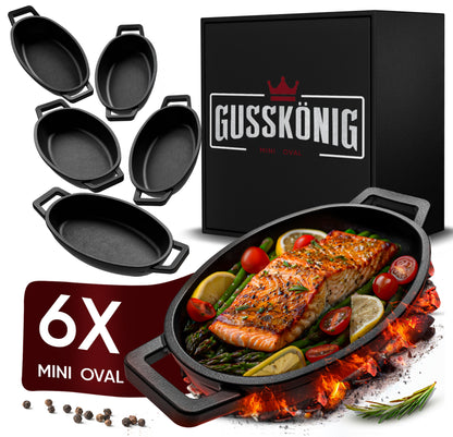 GUSSKÖNIG Servierpfannen Set  - 6 ovale Gusseisen Grillpfännchen  -  Gusseisenpfanne klein  inkl. Rezeptbuch