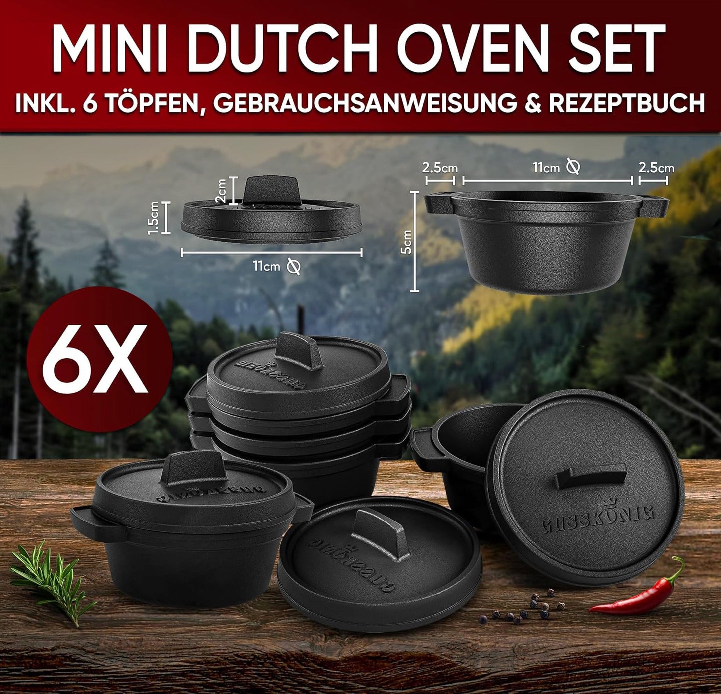 Dutch Oven Set Mini- 6x 300ml & 4x 300ml Gusseisen Mini Topf mit Deckel