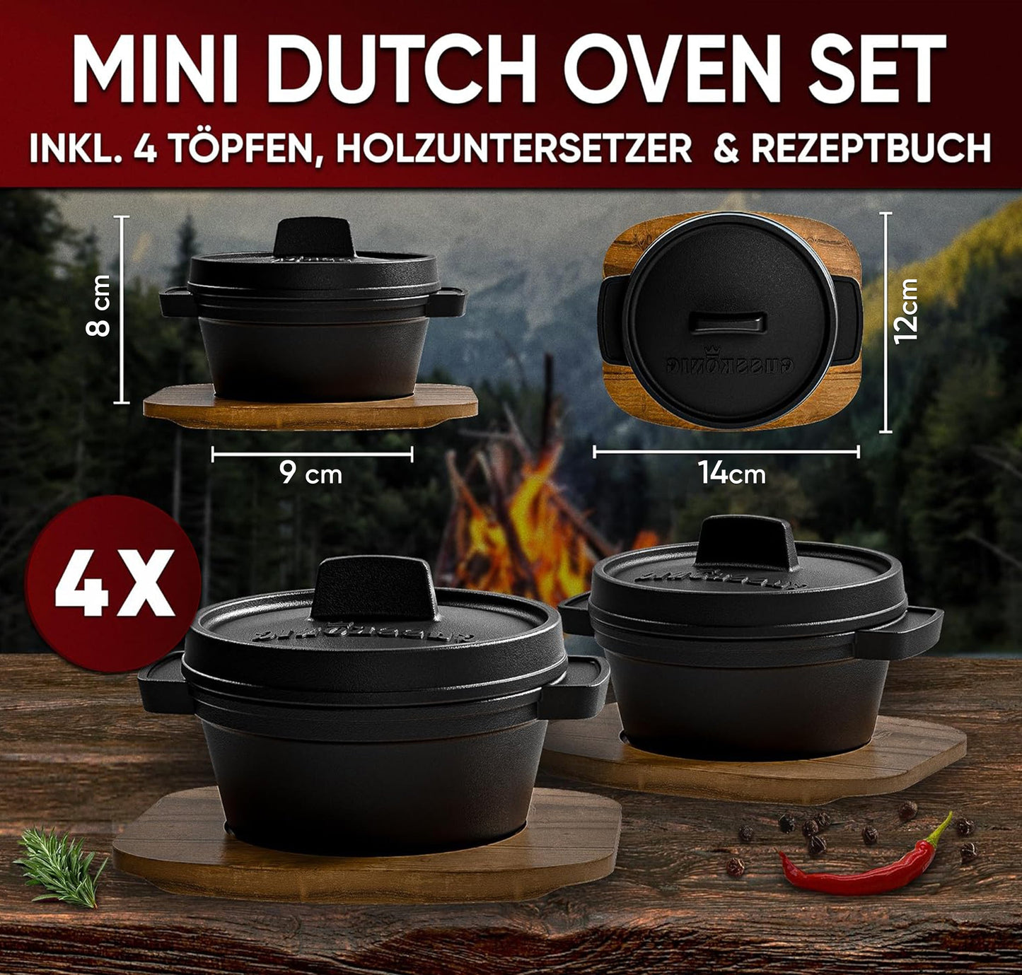 Dutch Oven Set Mini- 6x 300ml & 4x 300ml Gusseisen Mini Topf mit Deckel