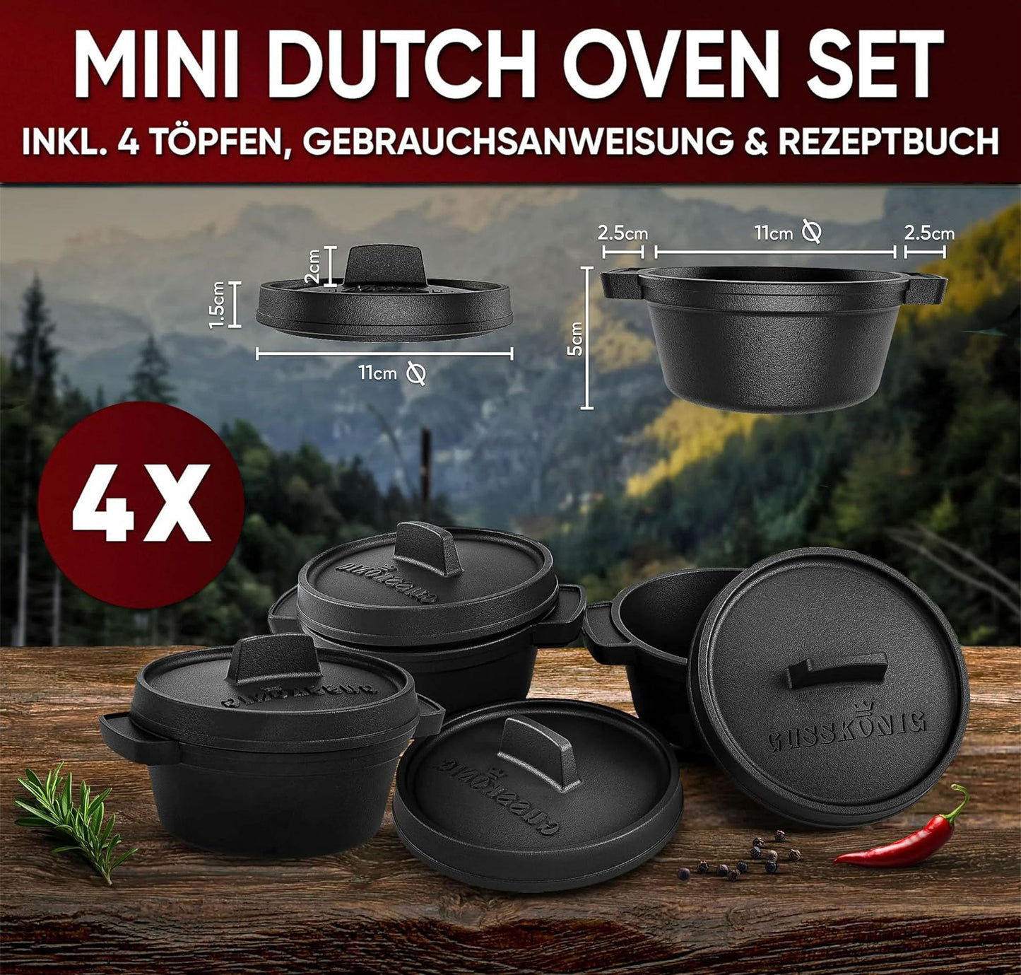 Dutch Oven Set Mini- 6x 300ml & 4x 300ml Gusseisen Mini Topf mit Deckel