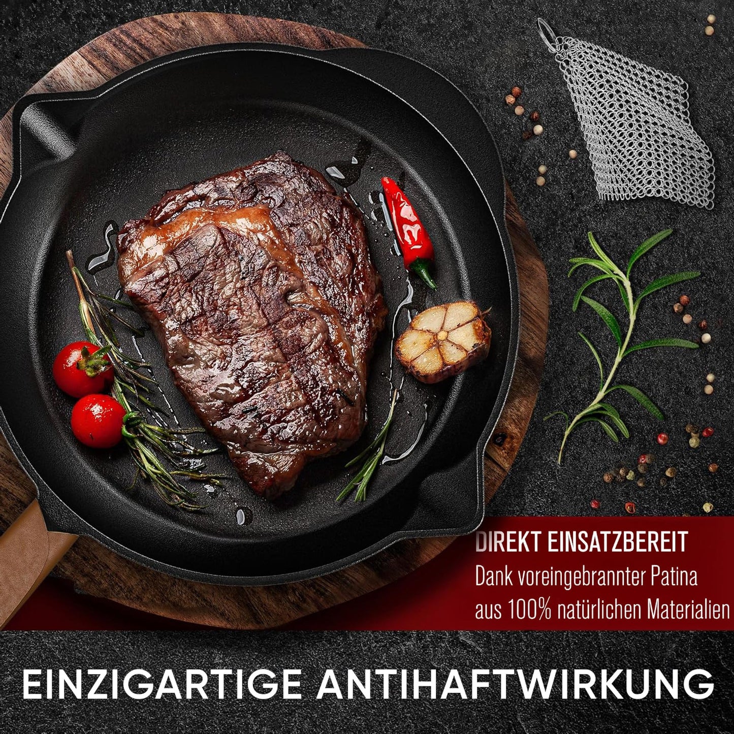 Bratpfanne mit Edelstahl Ringreiniger und Leder-Griffschutz [26cm,30cm]