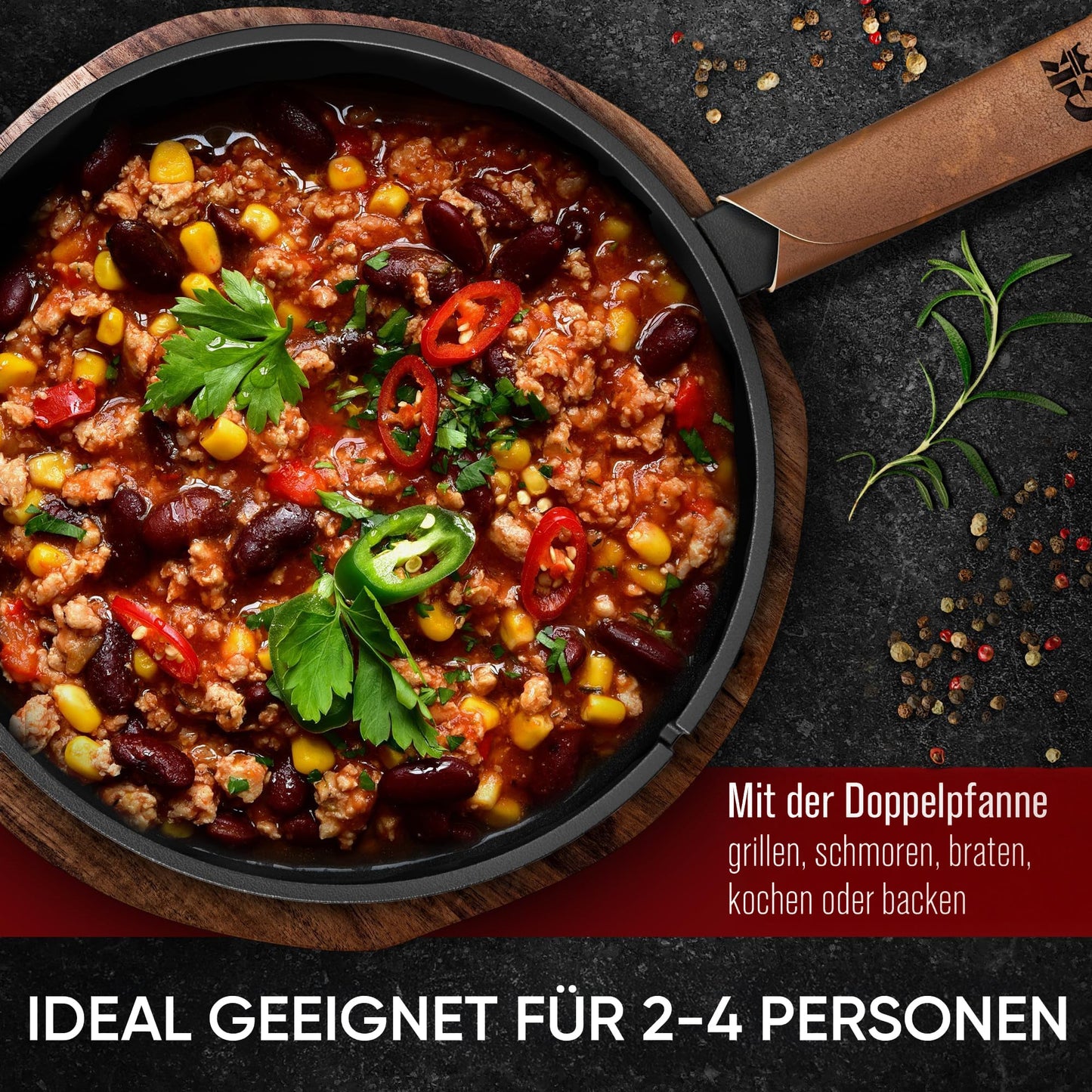 Doppelpfanne mit praktischen Ledergriff 4.5 L