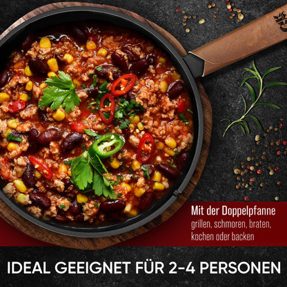 Doppelpfanne mit praktischen Ledergriff 4.5 L