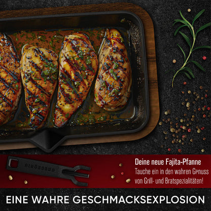 Gusseisen-Fajita-Pfanne mit Servierbrett – Grillpfanne mit abnehmbarem Griff