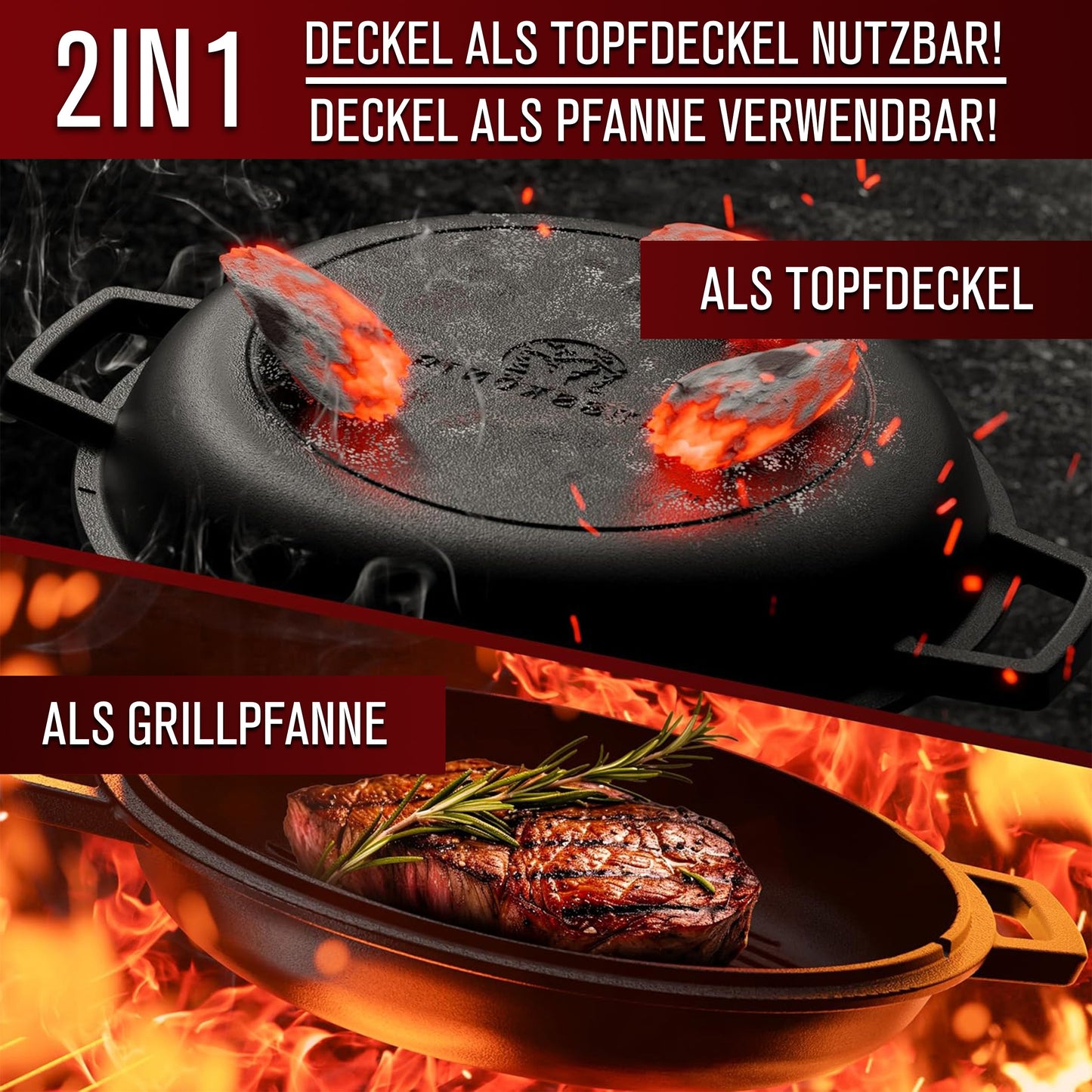 Dutch Oven mit Ledergriffen und praktischer Deckelpfanne