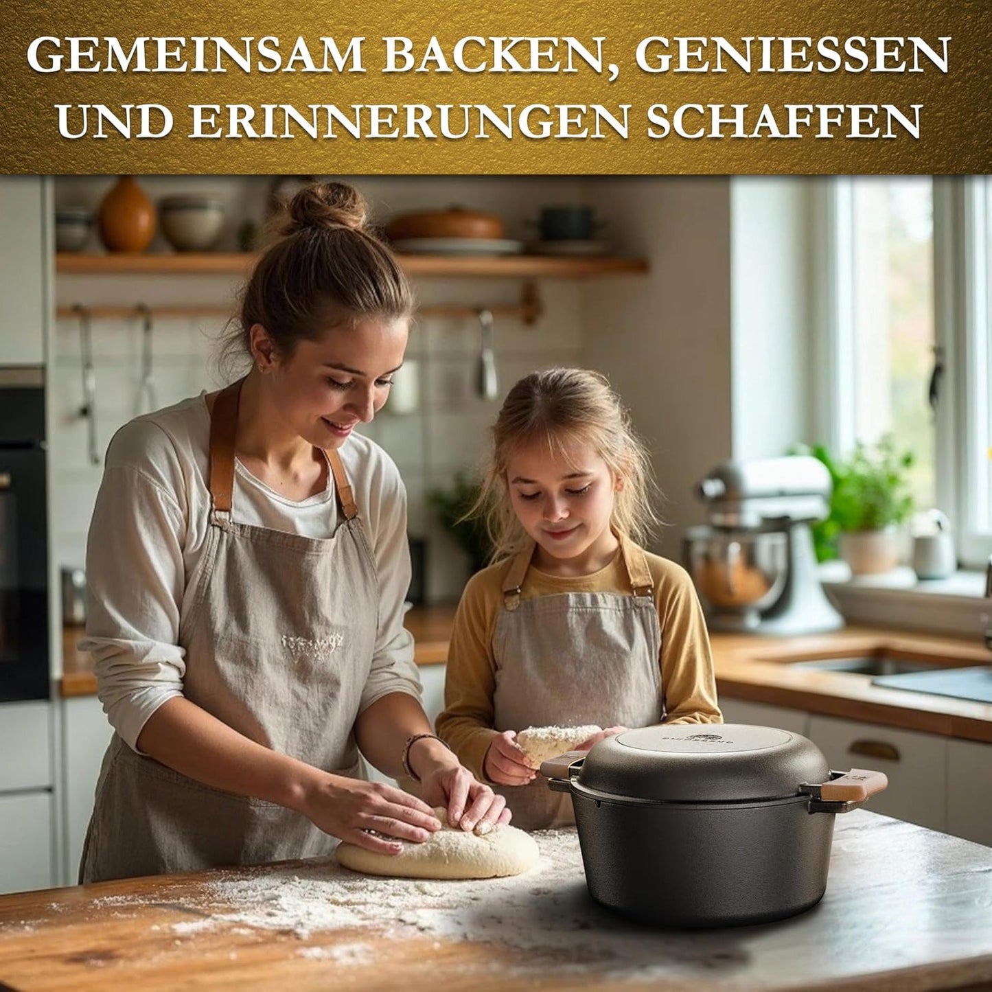 2in1 Dutch Oven: 4,8L Topf + 1,8L Pfanne, Gusseisen, eingebrannt, mit Deckel, Zubehör & Kochbuch
